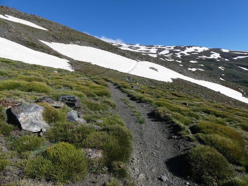 Ve výškách od cca 2400 m.n.m. se občas ve stínu objevuje sníh